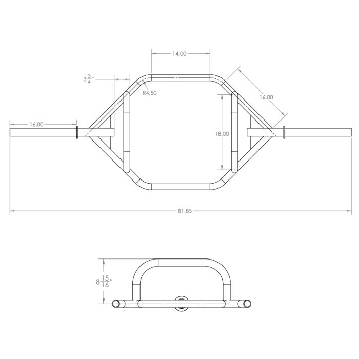 Technical drawing of Gorila Harambe Trap Bar with exact dimensions and round tubing specifications, designed and manufactured in Canada for precision training equipment.