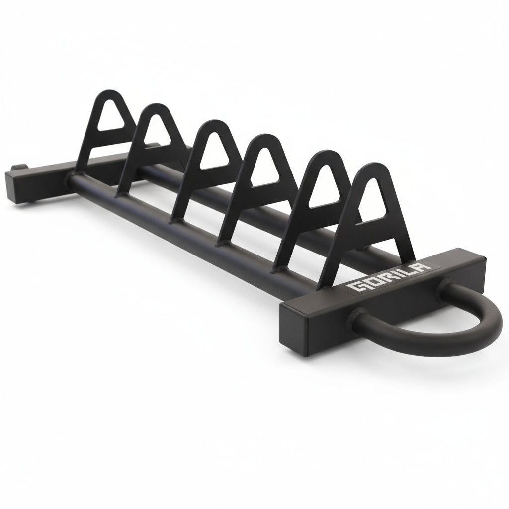 Gorila HPS Storage full view – horizontal Olympic plate storage rack with handle and wheels, heavy-duty steel construction in matte black finish
