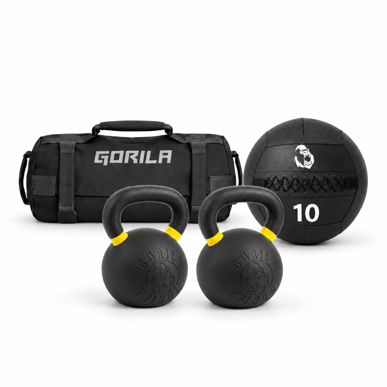 Gorila Essentials hybrid training kit with two 16 kg kettlebells, a Small BANE sandbag and a 10 lb medicine ball.