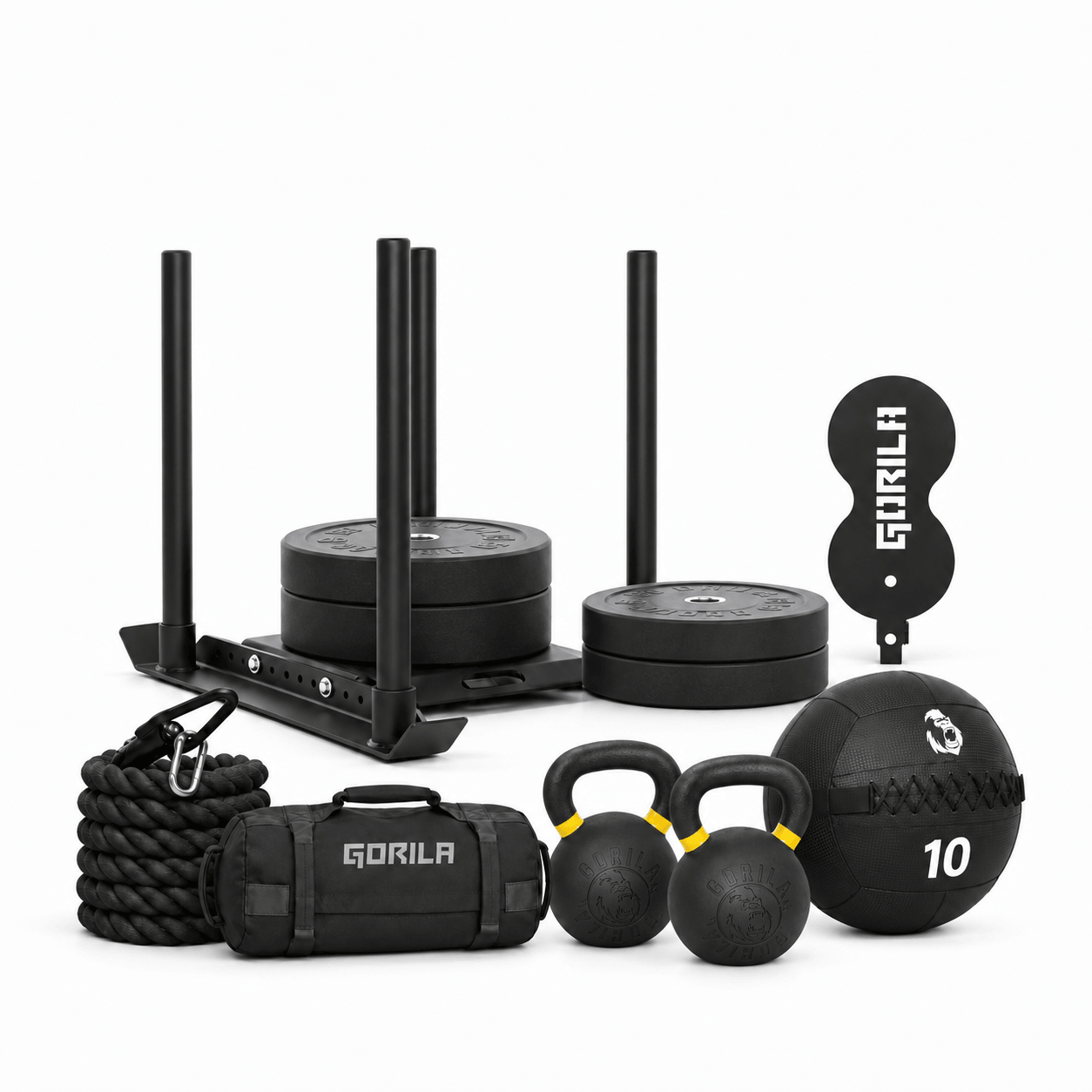 Hybrid Race Training Kit Race Floor, Women's Open: Gator Sled, 140 lb plates, 40 ft rope, wall ball target, 16 kg kettlebells, sandbag