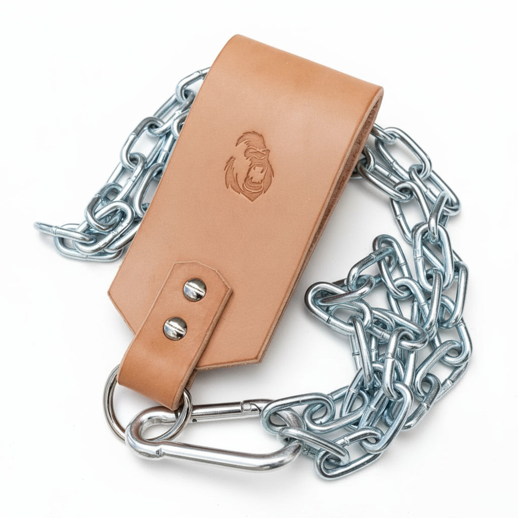 Gorila Leather Dip Accessory Strap handmade in Canada, budget-friendly dip belt alternative with chain and carabiner for strength training.