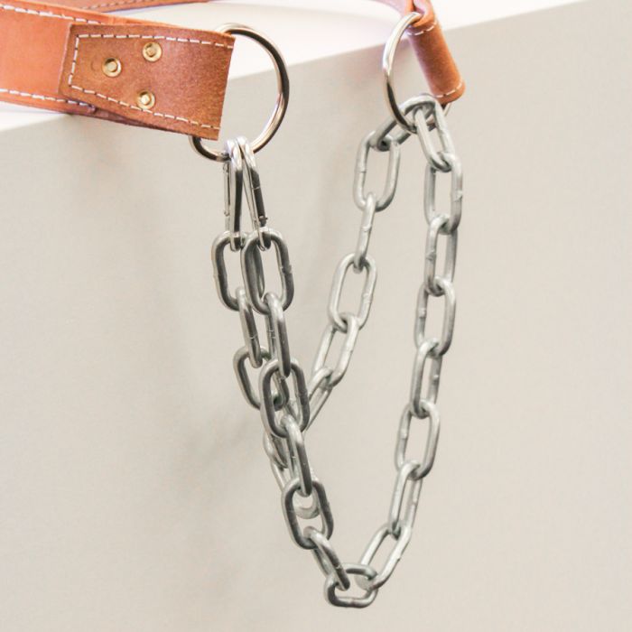 Gorila Leather Dip Belt hanging to show natural leather grain, craftsmanship, and rugged chain connection for gym use.