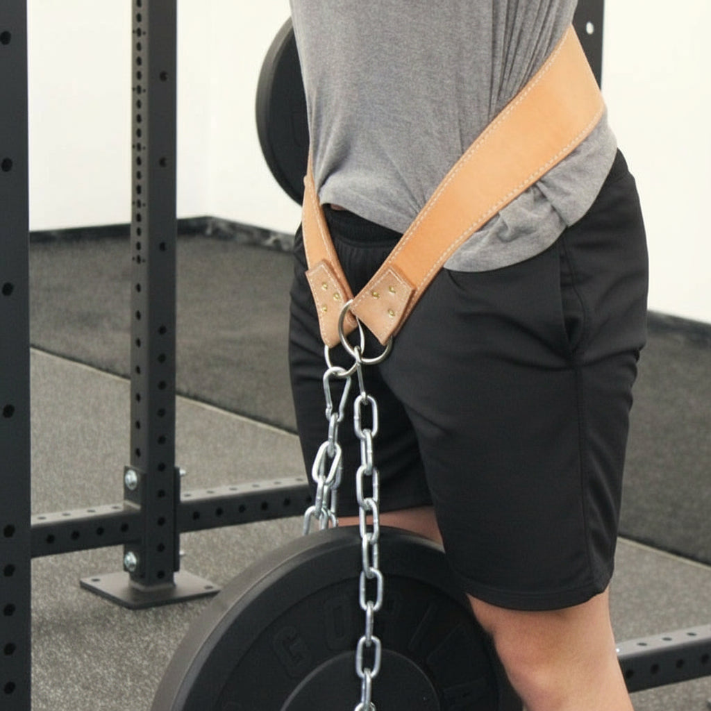 Athlete preparing for pull-ups using Gorila Leather Dip Belt, demonstrating secure chain fit and comfortable leather support.