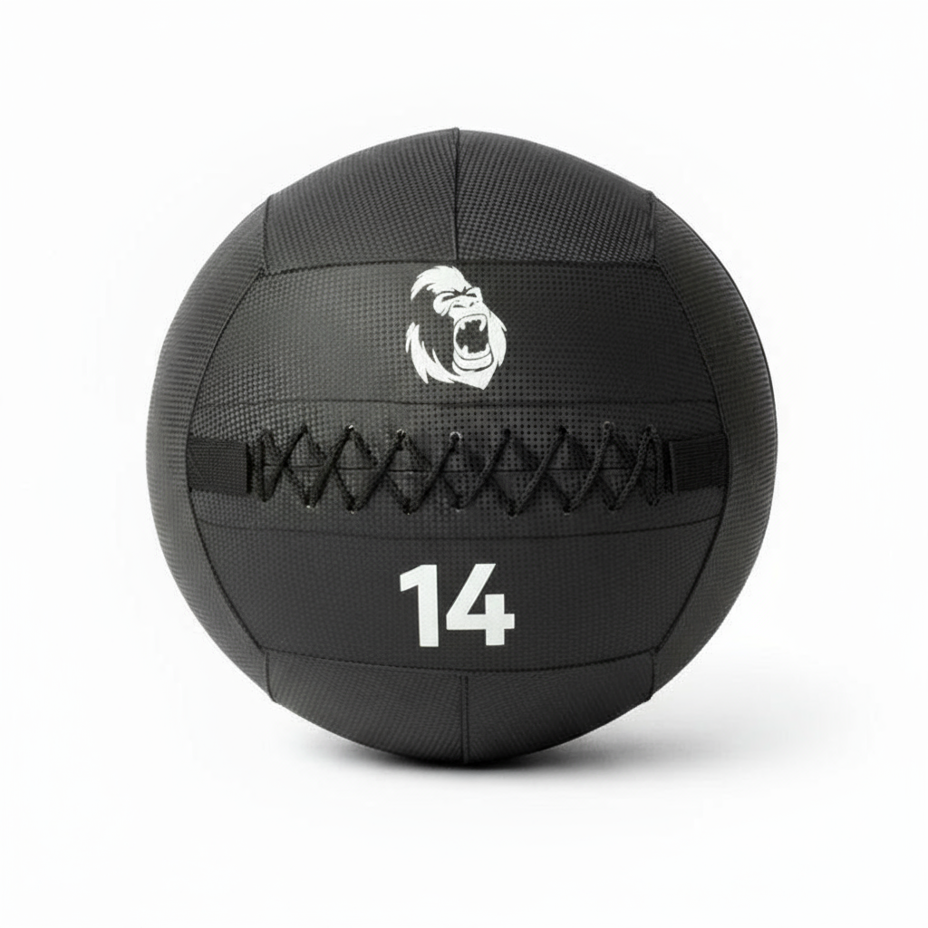 Gorila Medicine Ball 2.0 14 lb (≈6.4 kg) built for durability with overlapped double-stitched seams and a grippy, textured carbon finish.
