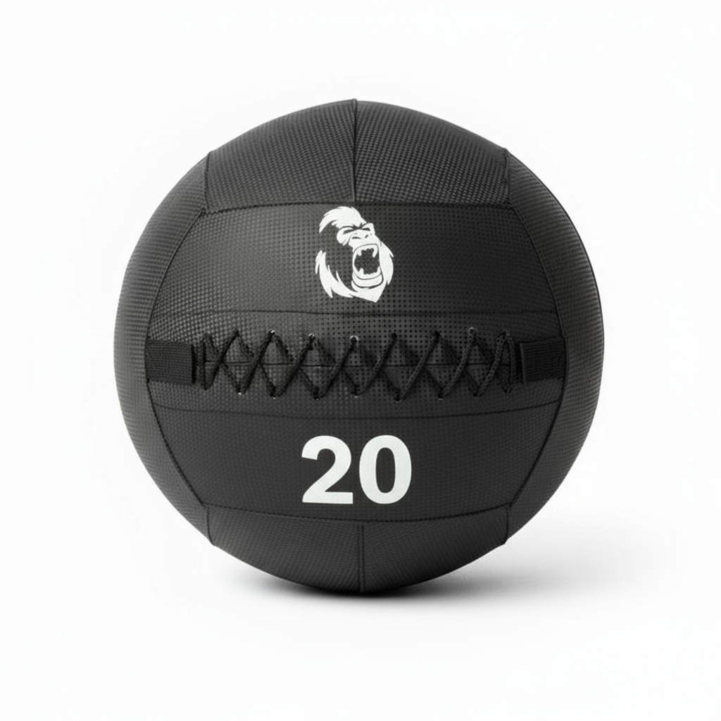 Gorila Medicine Ball 2.0 20 lb (≈9 kg) black carbon-textured PVC shell with white logo, 14-inch diameter, grippy and balanced.