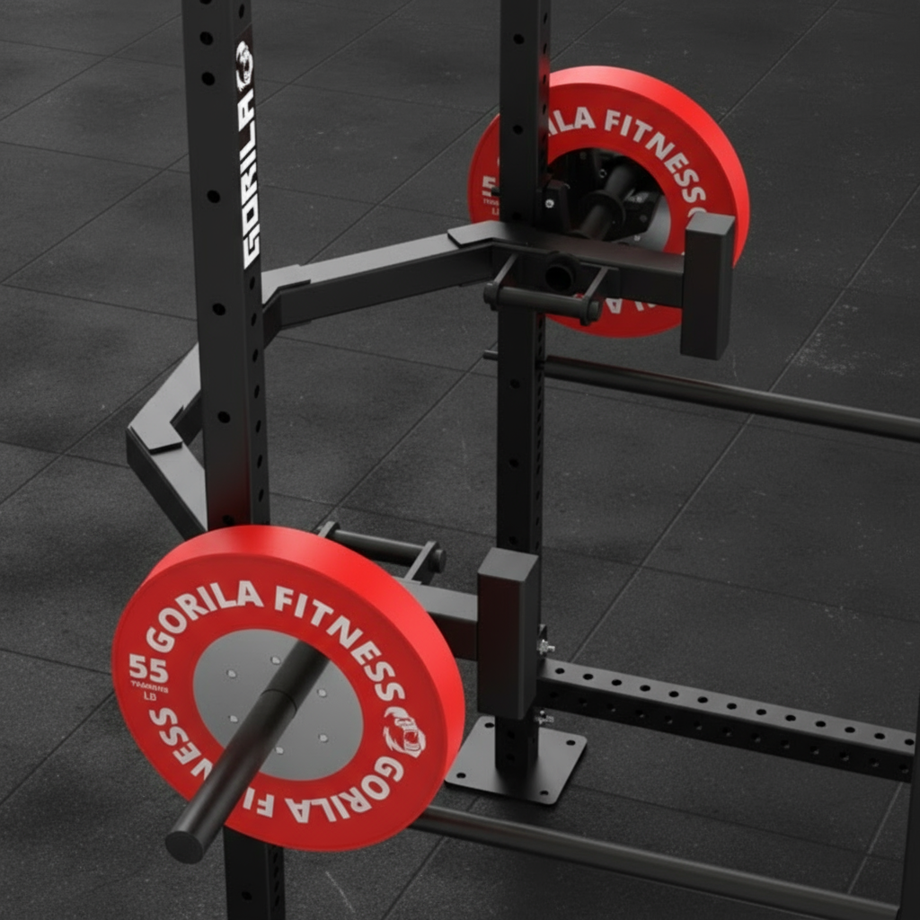 Gorila Open Hex Bar 2.0 mounted on a power rack with red Gorila Fitness 55 lb bumper plates, showing the open-frame design, rackable structure, and integrated deadlift jack for efficient loading and training.