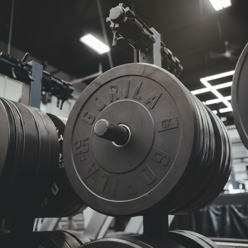 Gorila Ox 25LB bumper plates loaded on Plate Storage – heavy-duty rubber weights for deadlifts and strength training.