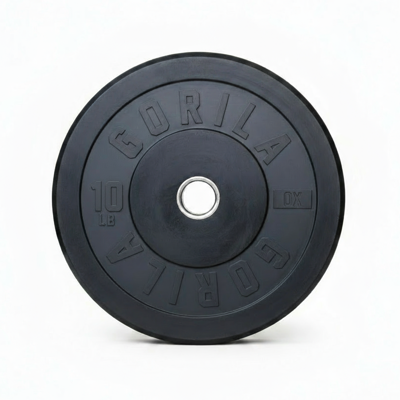 Pair of Gorila Ox 10LB bumper plates on black gym flooring – slim profile weights for technique and speed training.
