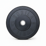 Pair of Gorila Ox 15LB black rubber bumper plates for Olympic lifting, HIIT, and functional strength training.