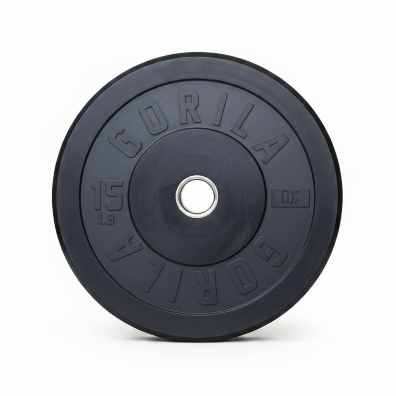 Pair of Gorila Ox 15LB black rubber bumper plates for Olympic lifting, HIIT, and functional strength training.