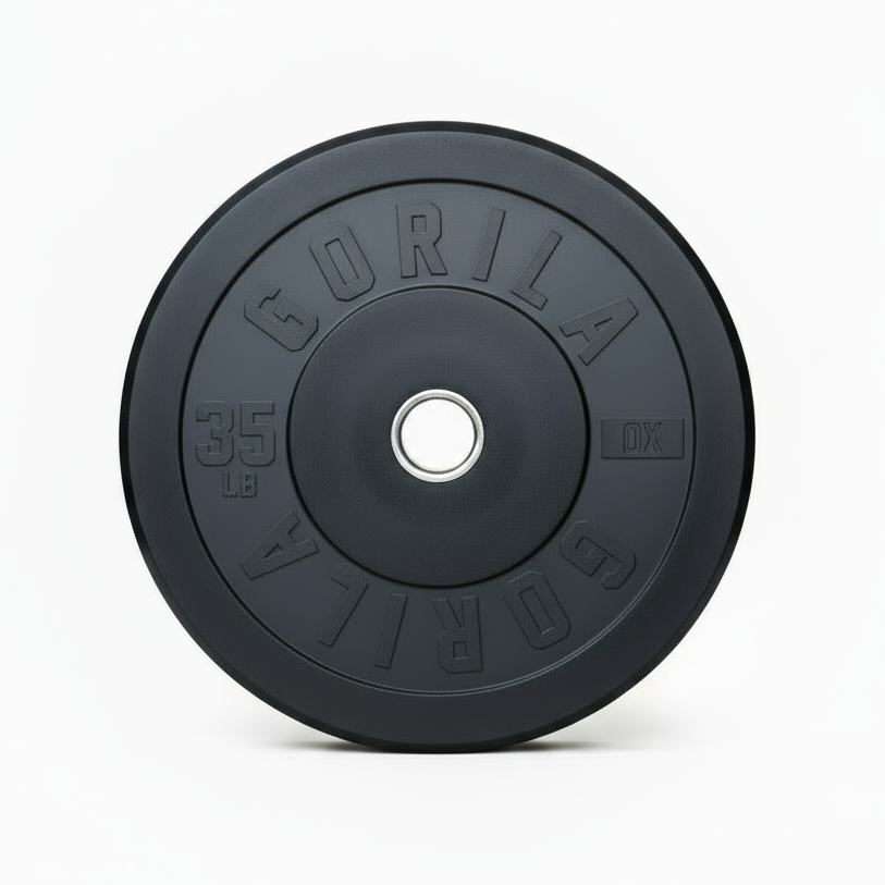 Set of Gorila Ox 35LB bumper plates in matte black finish – shock-absorbing rubber plates designed for Canadian gyms.