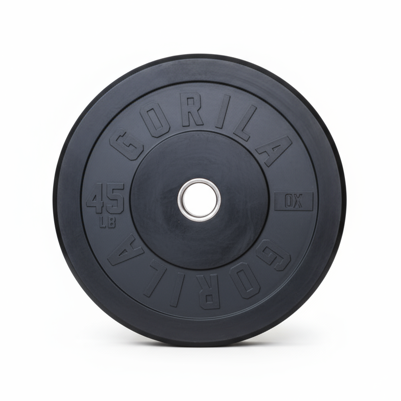 Pair of Gorila Ox 45LB bumper plates on black gym flooring – heavy-duty rubber Olympic weights for powerlifting, CrossFit, and strength training, built for durability and precision with slim profile and dead bounce design