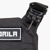 Detail of the Gorila logo and unique shoulder clip system on the rugged nylon shell of the Phantom Plate Carrier 2.0