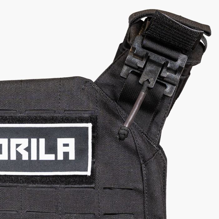 Detail of the Gorila logo and unique shoulder clip system on the rugged nylon shell of the Phantom Plate Carrier 2.0