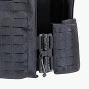 Closeup of the side pocket panels and elastic cummerbund that stabilize plates during ruck walks and sprints