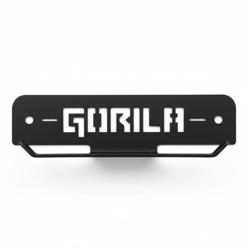 Front view of Gorila Plate Carrier and Rope Storage showcasing the bold Gorila cutout logo and flat mounting plate designed for rigs or direct wall installation.