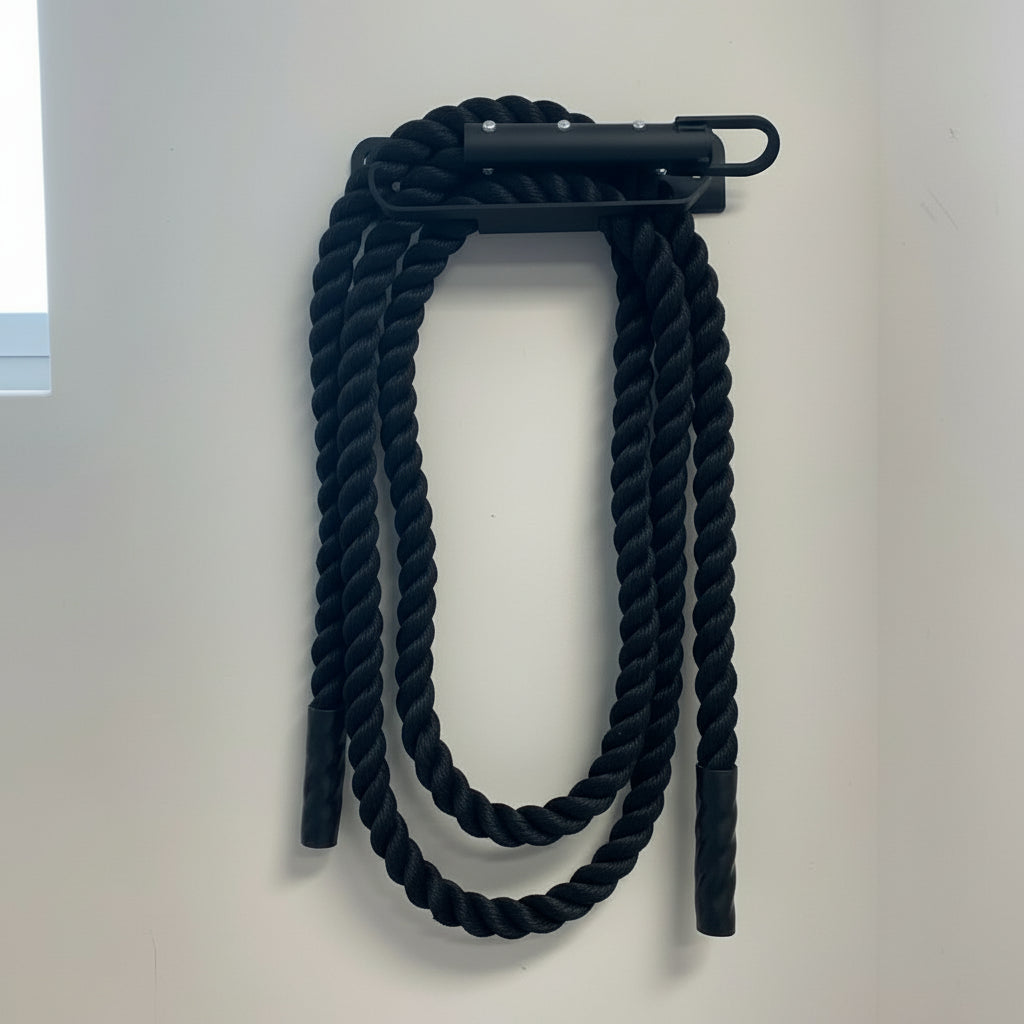Gorila Rope Storage mounted on a wall with a coiled battle rope hanging from the hook, highlighting its dual-use design for rope and gear storage.