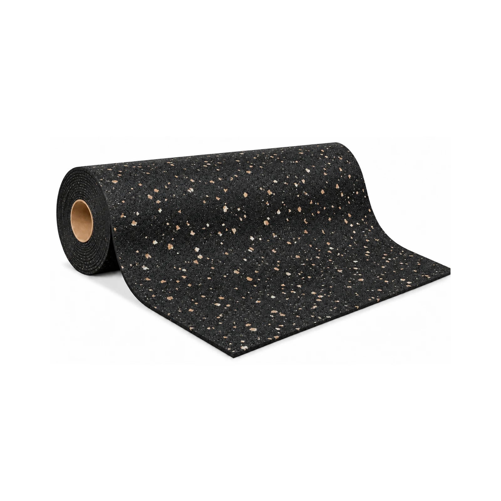 Gorila Pro rubber flooring roll, black rubber with beige flecks, special-order colour, partially unrolled on white.