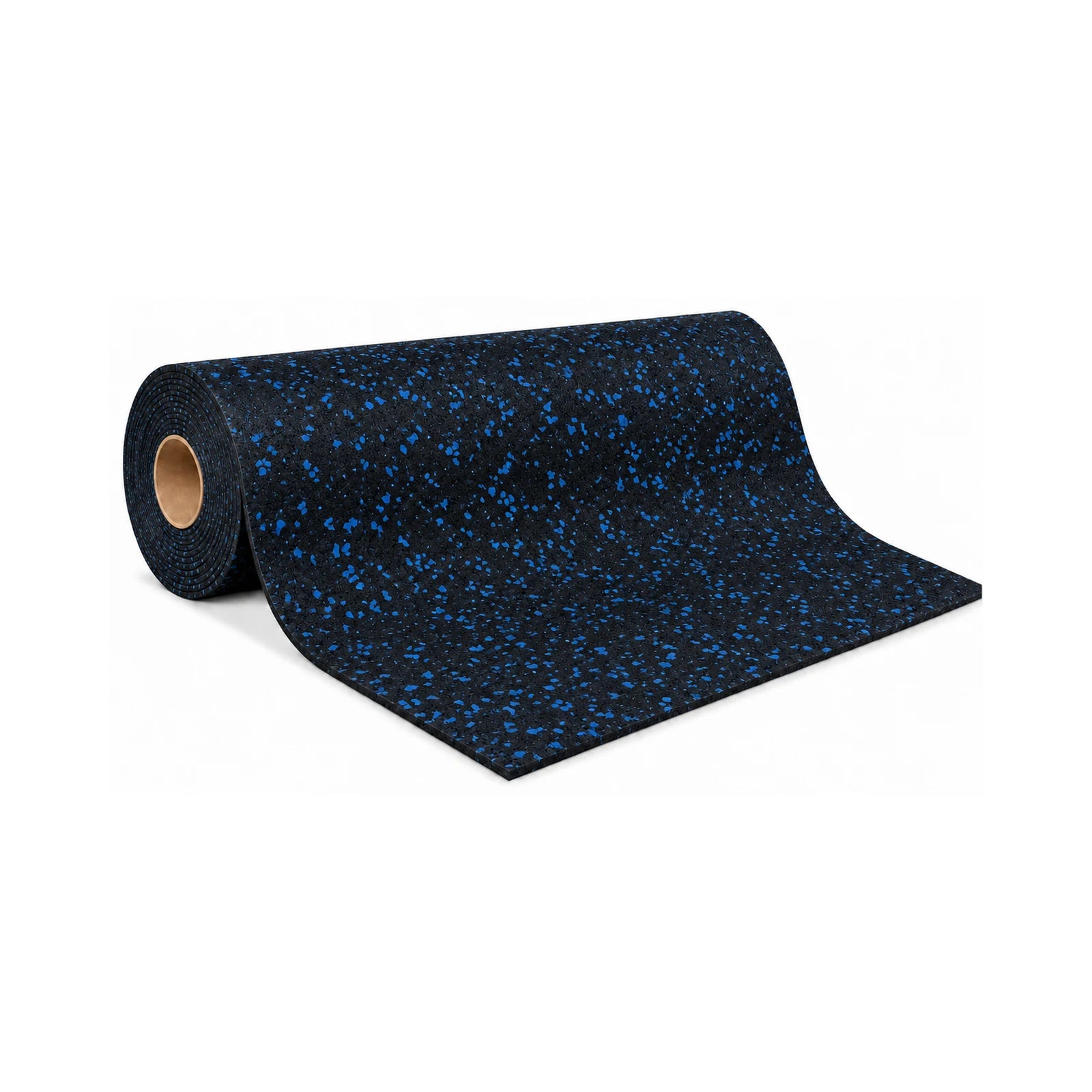 Gorila Pro rubber flooring roll, black rubber with blue flecks, special-order colour, partially unrolled on white.