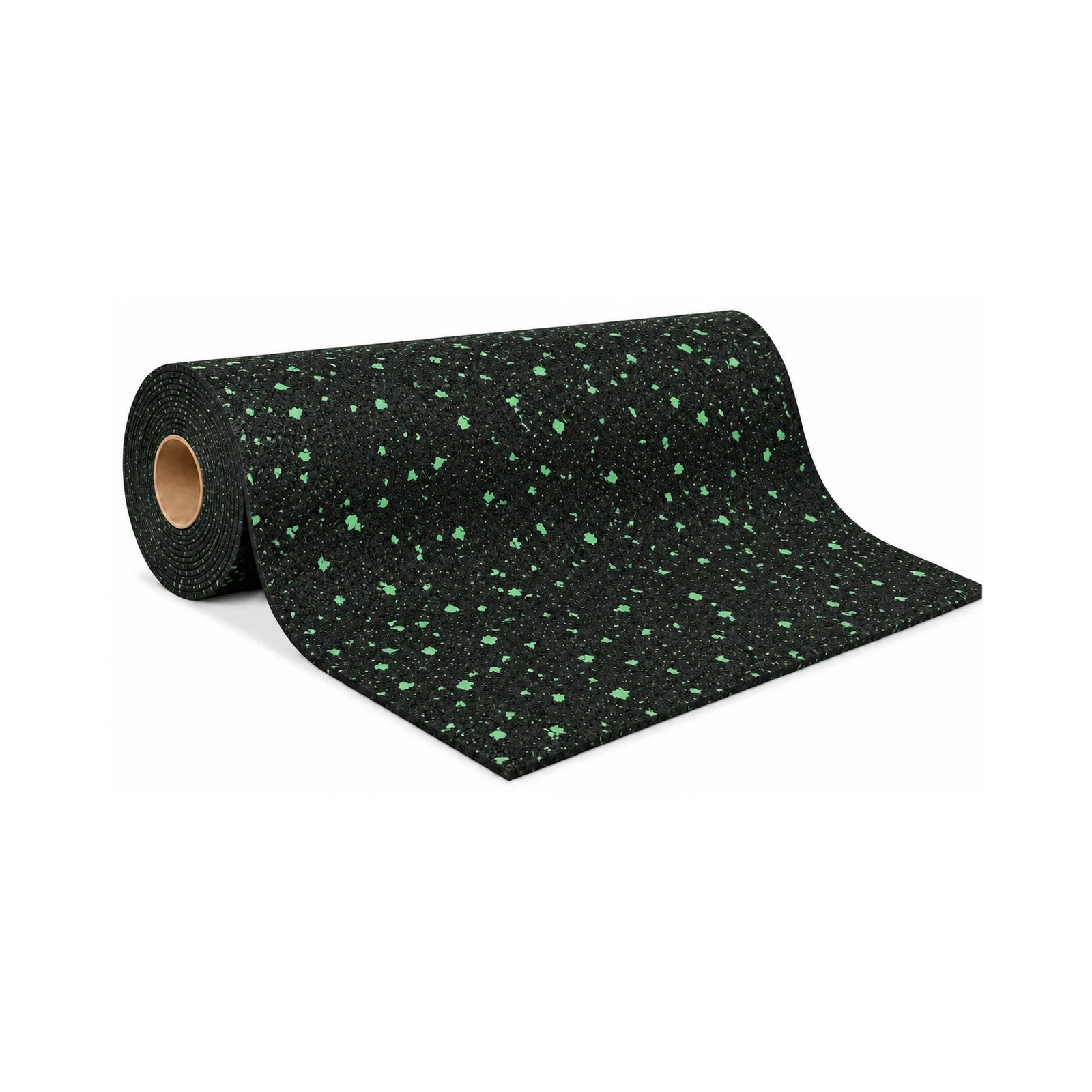 Gorila Pro rubber flooring roll, black rubber with green flecks, special-order colour, partially unrolled on white.