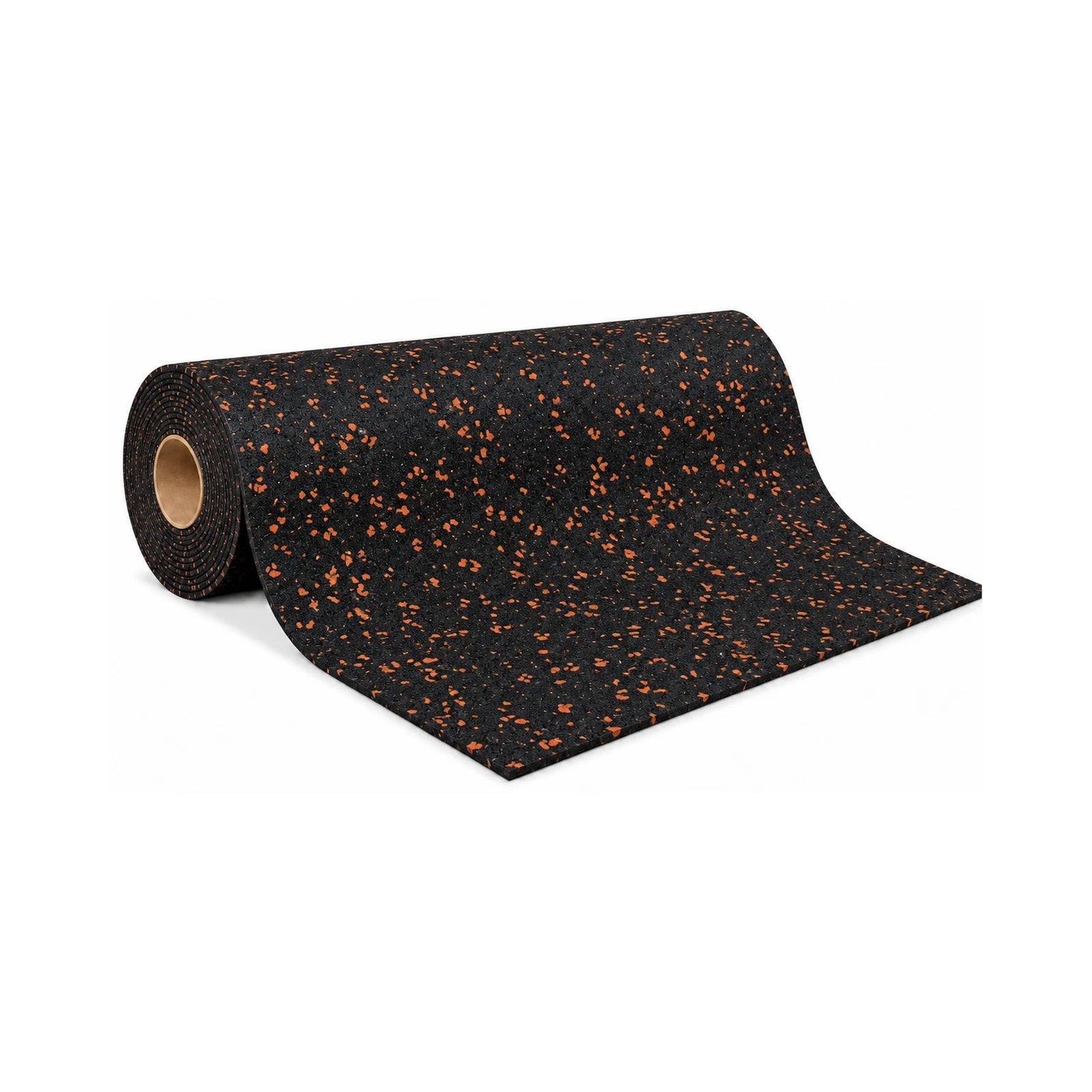 Gorila Pro rubber flooring roll, black rubber with orange flecks, special-order colour, partially unrolled on white.
