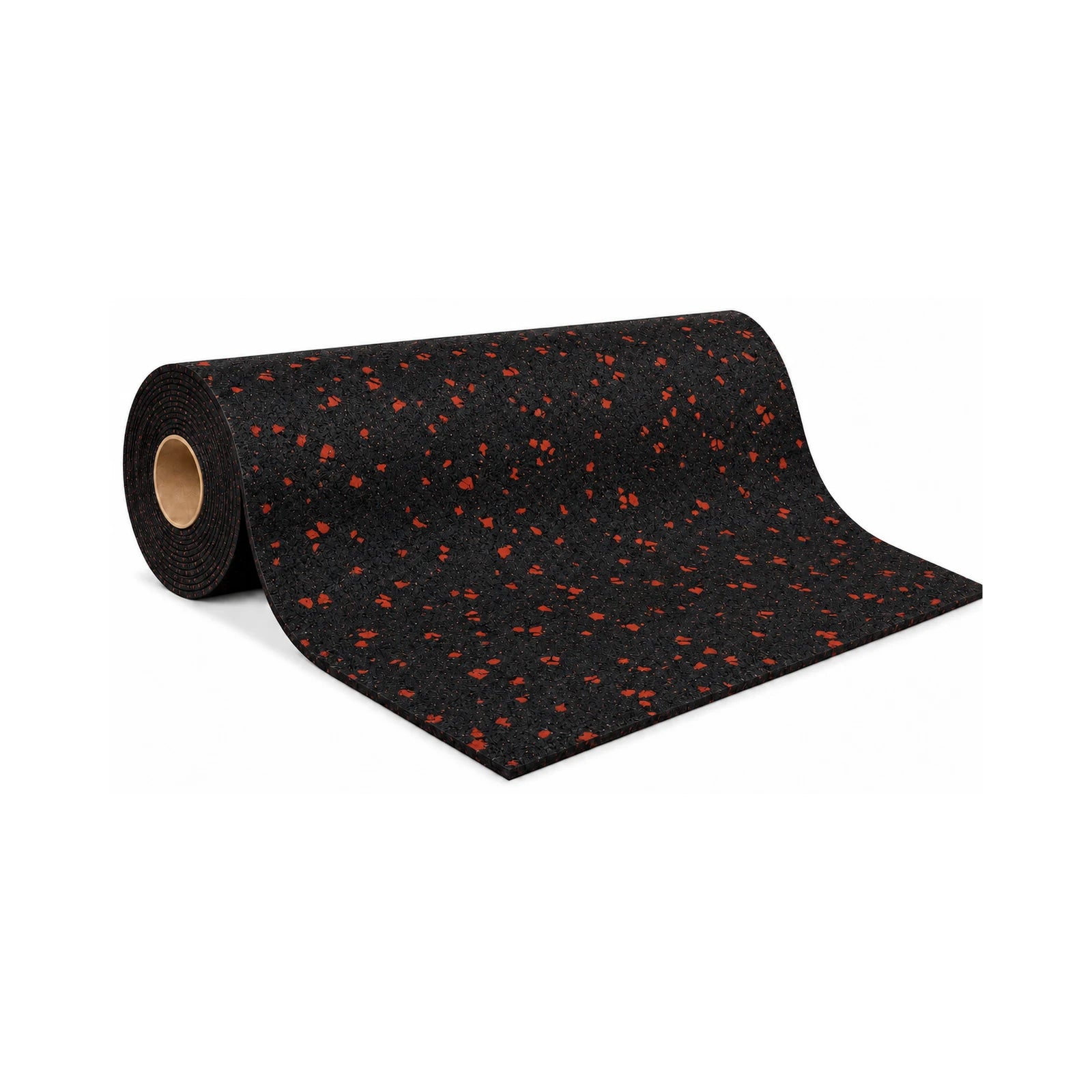 Gorila Pro rubber flooring roll, black rubber with red flecks, special-order colour, partially unrolled on white.