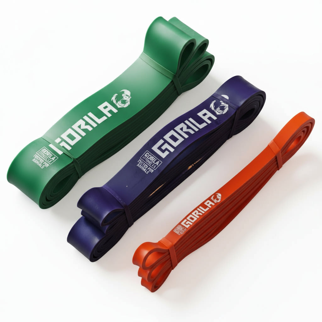 Gorila Band Pack A red purple green set for mobility to medium-heavy pull-up assistance and strength training. Gorila Fitness Branding on white background.