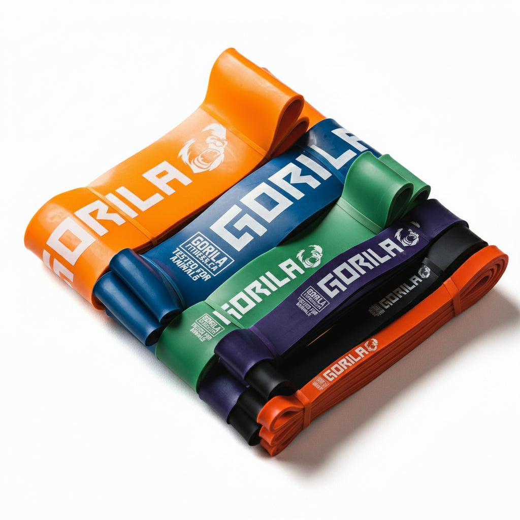 Gorila complete resistance bands full pack one each color for CrossFit, HYROX, mobility, and strength training. Gorila Fitness Branding on white background.