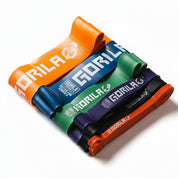 Gorila complete resistance bands full pack one each color for CrossFit, HYROX, mobility, and strength training. Gorila Fitness Branding on white background.