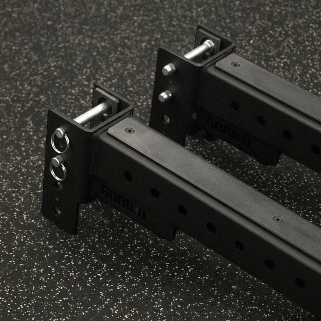 Close-up hinge and welds on Gorila Rhino 3.0 Spotter Arms 11-gauge steel tubing for strength and durability