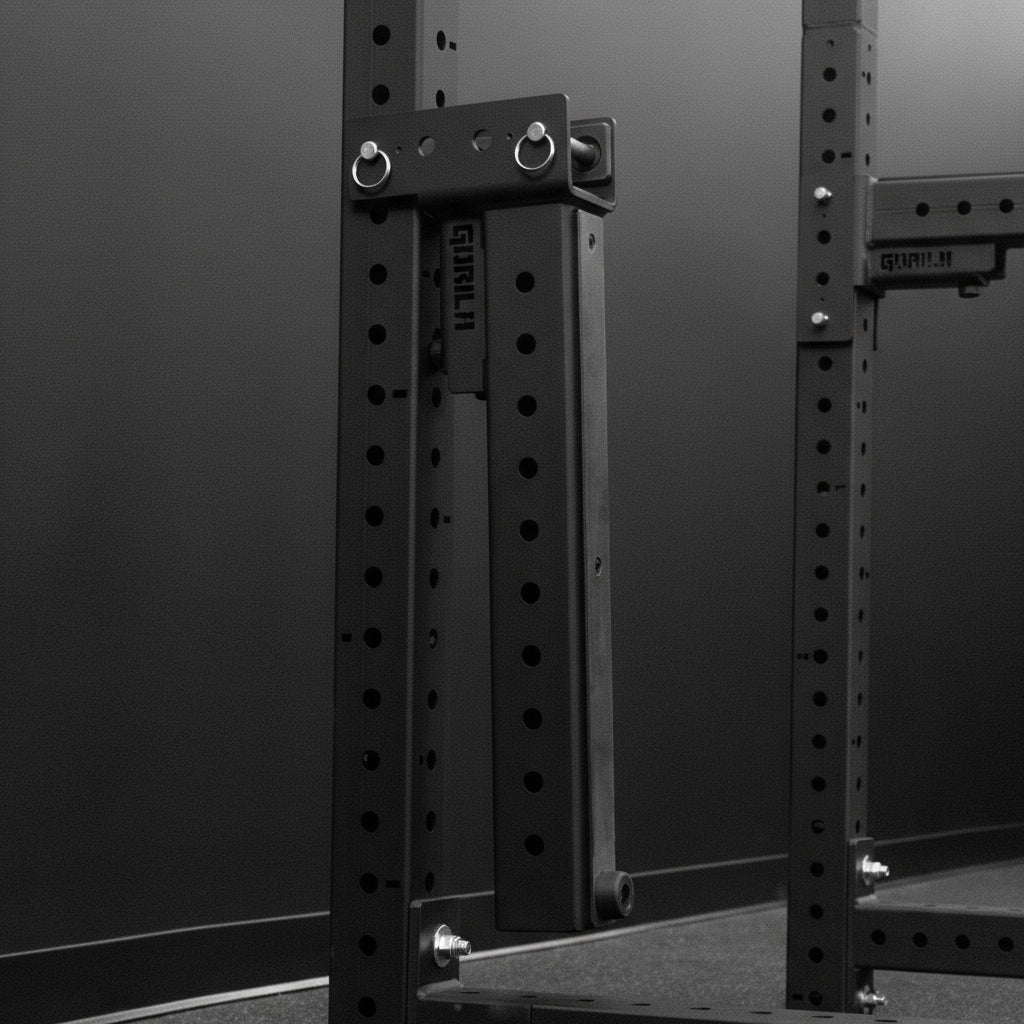 Gorila Rhino 3.0 Spotter Arms mounted on 3x3 power rack, in its folded position ready to be used as short jammer arms, with adjustable height for bench press and squats