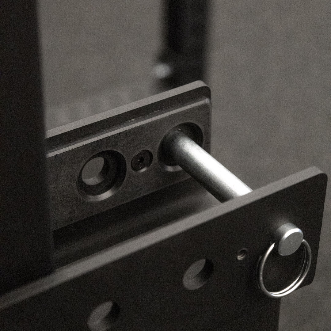 Gorila Rhino 3.0 Spotter Arms flipped upside down for alternative training configurations and versatility. Inside plastic protection and pins close-up.