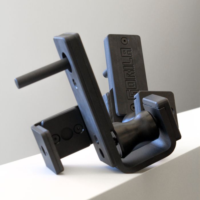 Angled view of Gorila Roller J-Cups showing HDPE lining and rotating roller for safe and easy barbell adjustment.