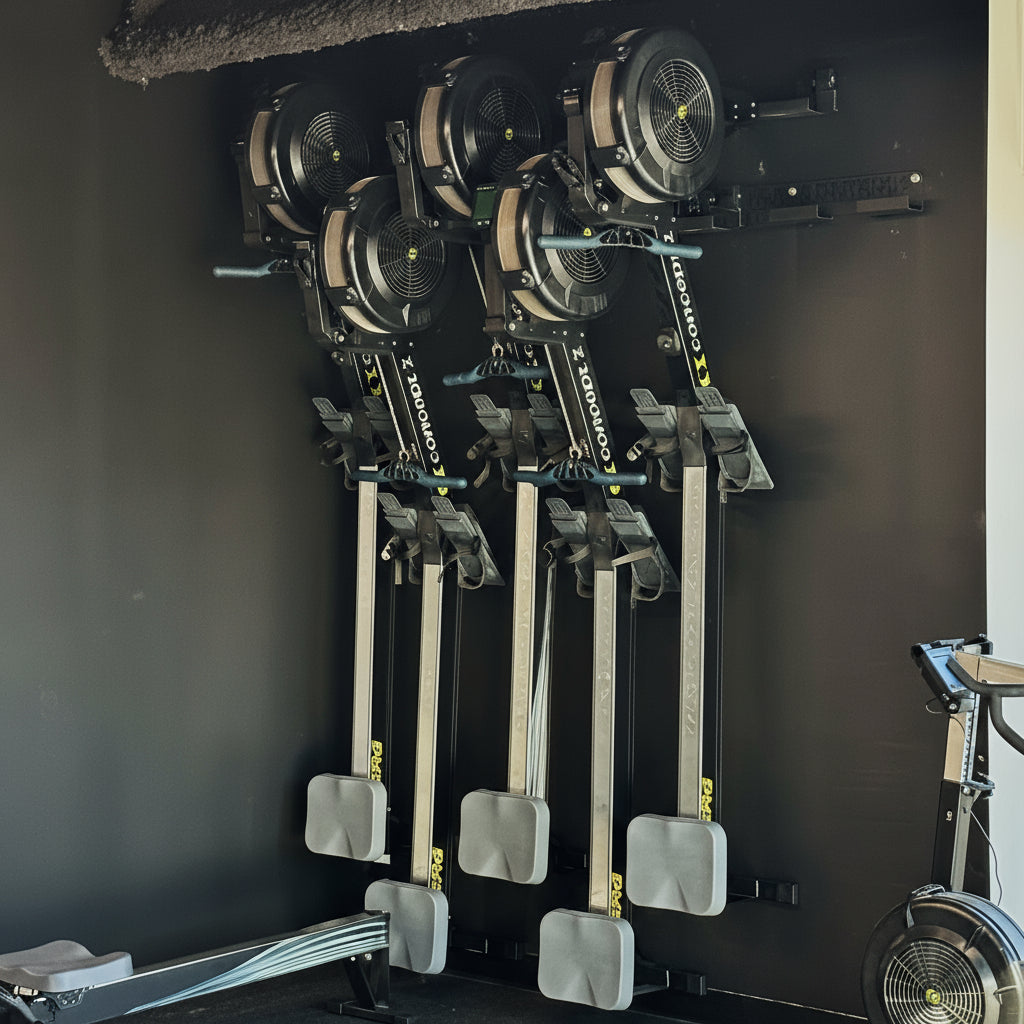 Multiple Concept2 RowErg machines set up at Gorila Fitness training facility