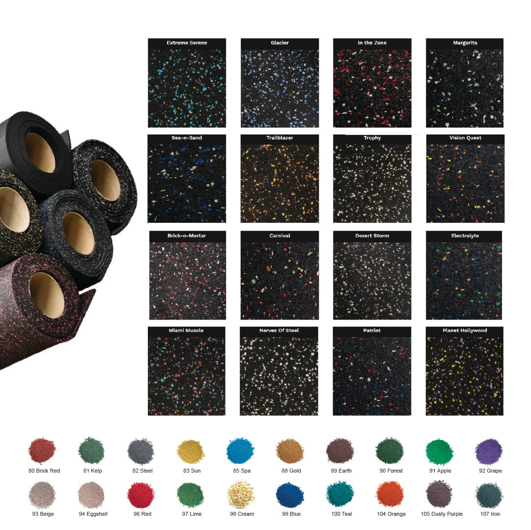Color options for Gorila Rubber Flooring Rolls showing multiple speckled blends for gym customization and interior design flexibility