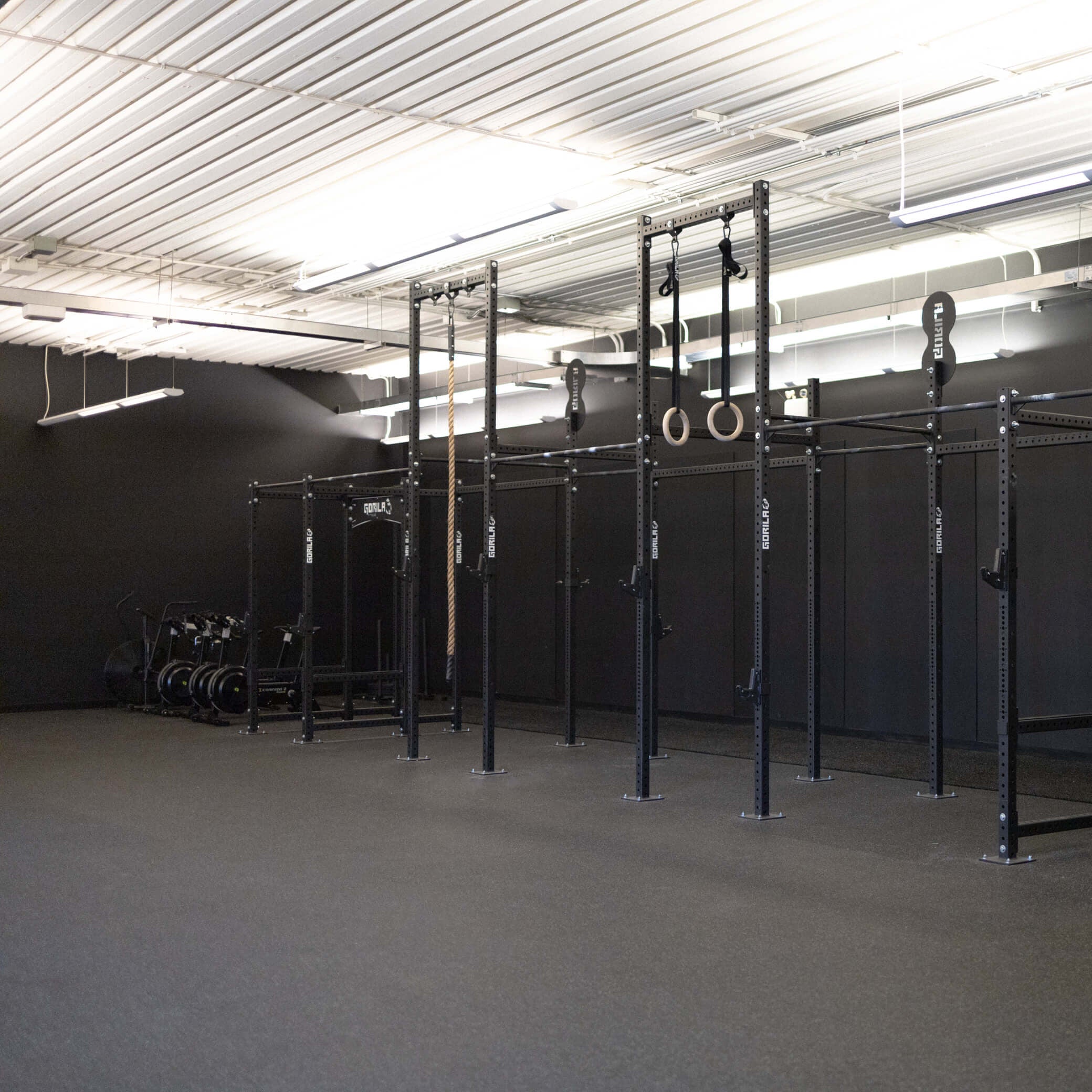 Gorila Rubber Gym Flooring Rolls installed in commercial training facility, made in the USA from 100% recycled rubber for professional gyms and CrossFit boxes
