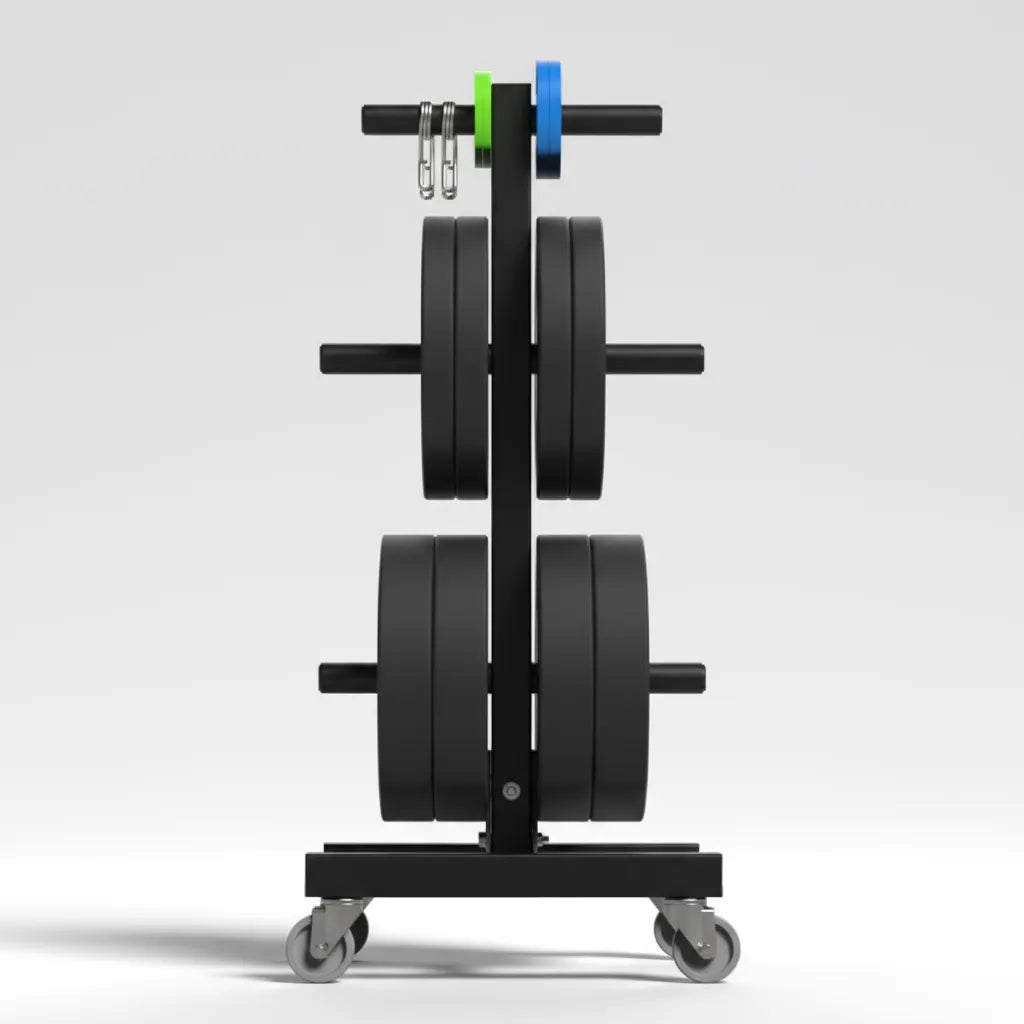 Side view of Gorila Sequoias Vertical Plate Storage highlighting its welded steel frame and bolted base, matte black finish, and balanced design for Olympic weight plates.