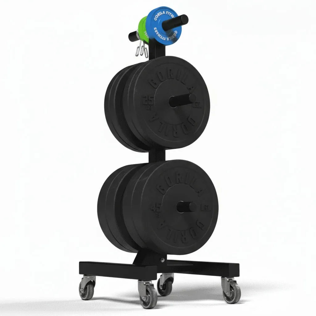 Gorila Sequoias Vertical Plate Storage loaded with black bumper plates and optional heavy-duty wheels, showing compact and mobile gym storage solution.