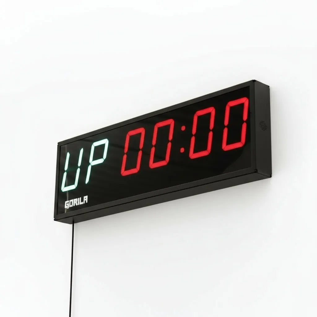 Gorila Timer 3.0 6-digit wall-mounted gym and martial arts timer showing UP 00:00 red and green LED display