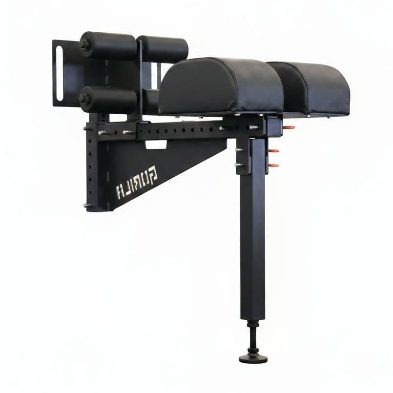 Gorila Venom GHD Attachment full view showing dual pads, foot roller assembly, and rack-mounted design for Glute Ham Raises in matte black finish. White background.