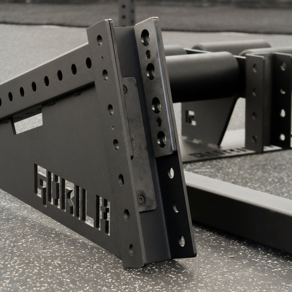 Gorila Venom GHD attached to a 3x3 power rack upright, demonstrating perfect fit and stable alignment for glute ham developer movements.