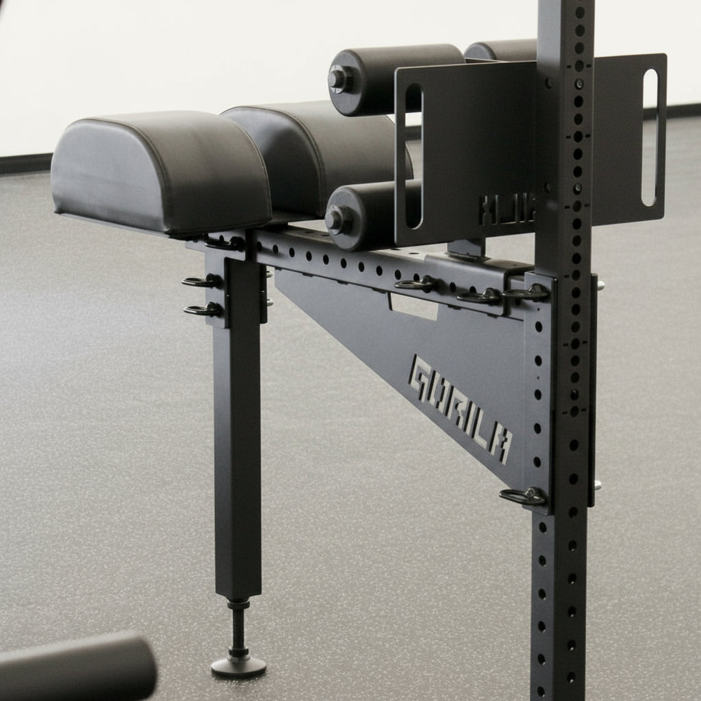 Rear close-up of Gorila Venom GHD Attachment showing 3-inch power rack tubing, welded construction, and laser-cut adjustment holes for rack compatibility.