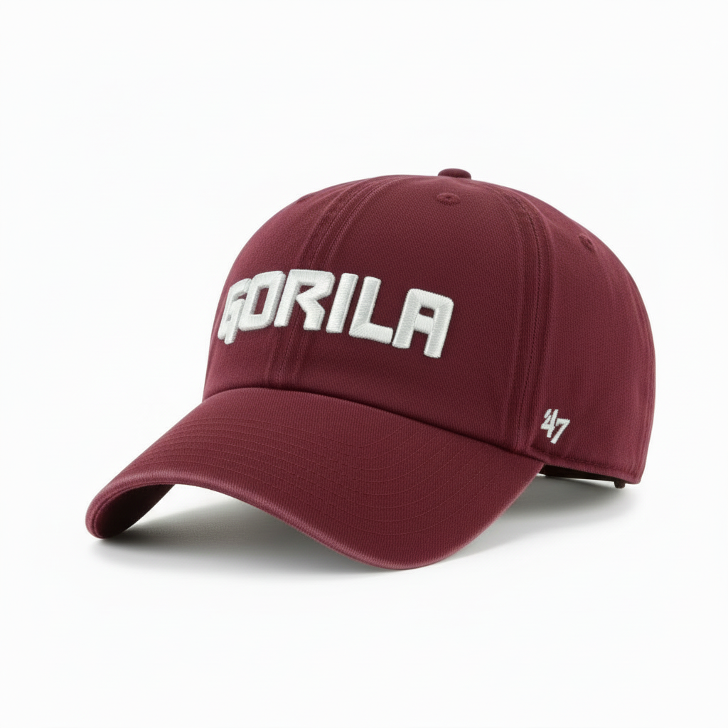 Maroon 47 clean up dad hat with 'Gorila' branding on a white background