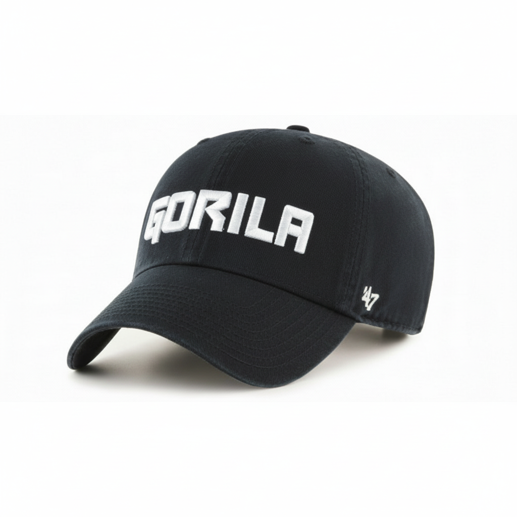 Black 47 clean up cap with 'Gorila' branding on a white background