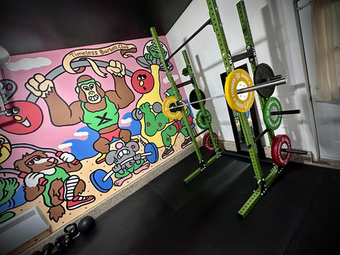 Home gym setup with weights and rack in a Canadian garage