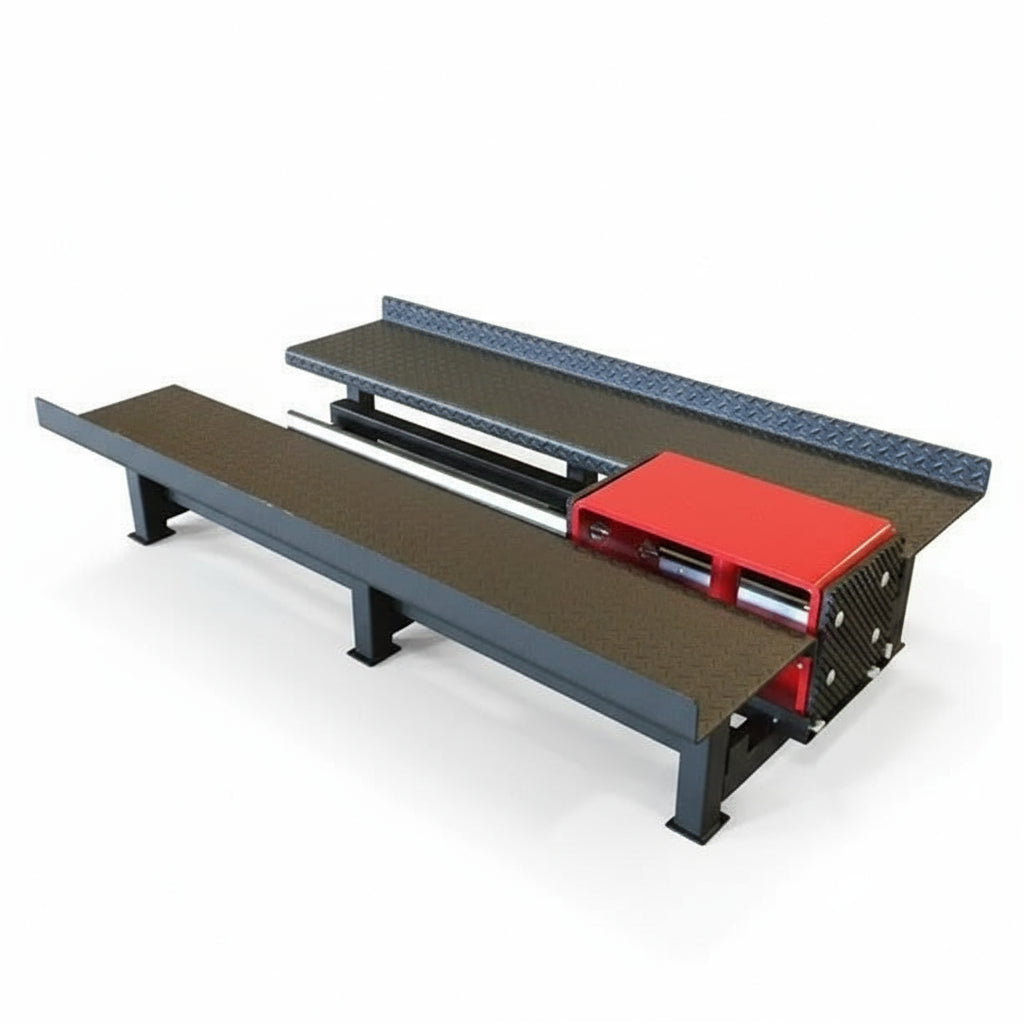 Black steel forcible entry training device with a long rail, elevated platform supports and a red strike brick designed for axe or sledgehammer impact drills.