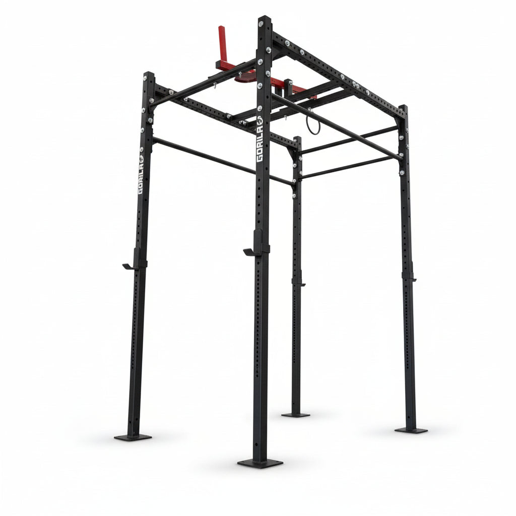 Steel training rig with four upright posts, perforated mounting holes and a red loadable shaft mounted on the top crossbars, designed for push and pull fire-hook drills.