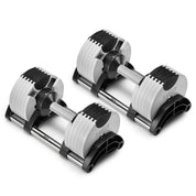 Stylish NÜOBELL 50lb adjustable dumbbell in a clean white finish with smooth adjustment, available in Canada.