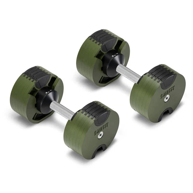 Unique NÜOBELL 50lb adjustable dumbbell with a rugged military green handle and sleek black weight plates, available in Canada. Ideal for versatile strength training at home.