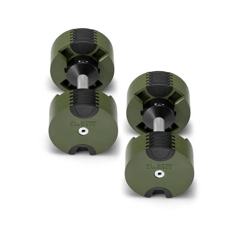 Unique NÜOBELL 50lb adjustable dumbbell with a rugged military green handle and sleek black weight plates, available in Canada. Ideal for versatile strength training at home.